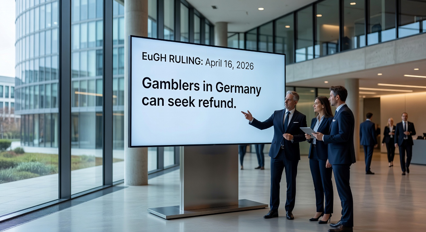 Deutscher Spieler am Laptop mit Online-Casino-Seite im Hintergrund und EuGH-Urteil-Dokument auf dem Tisch, illustriert die Auswirkungen auf Privatpersonen